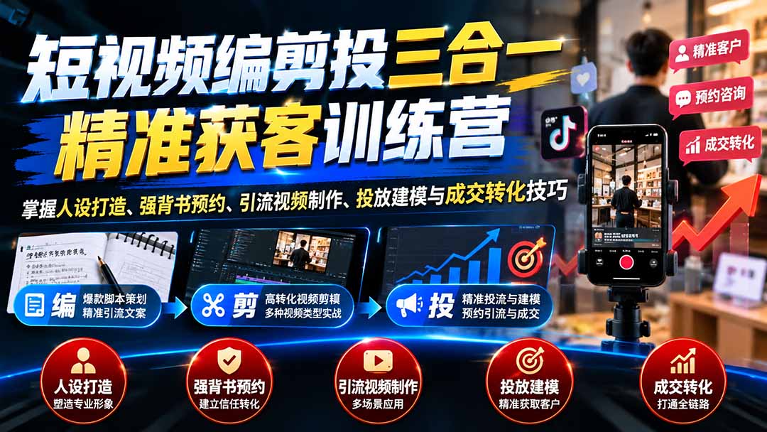 (20910期)短视频编剪投三合一精准获客训练营:掌握人设打造、强背书预约、引流视频制作、投放建模与成交转化技巧 (20910期)短视频编剪投三合一精准获客训练营:掌握人设打造、强背书预约、引流视频制作、投放建模与成交转化技巧