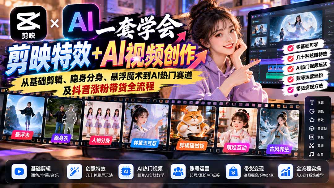 (20999期)一套学会剪映特效+AI视频创作:从基础剪辑、隐身分身、悬浮魔术到AI热门赛道及抖音涨粉带货全流程 (20999期)一套学会剪映特效+AI视频创作:从基础剪辑、隐身分身、悬浮魔术到AI热门赛道及抖音涨粉带货全流程