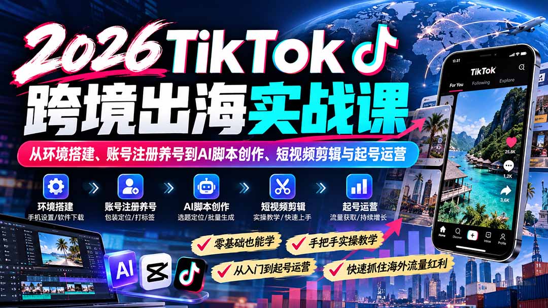 (21170期)2026TikTok跨境出海实战课:从环境搭建、账号注册养号到AI脚本创作、短视频剪辑与起号运营 (21170期)2026TikTok跨境出海实战课:从环境搭建、账号注册养号到AI脚本创作、短视频剪辑与起号运营