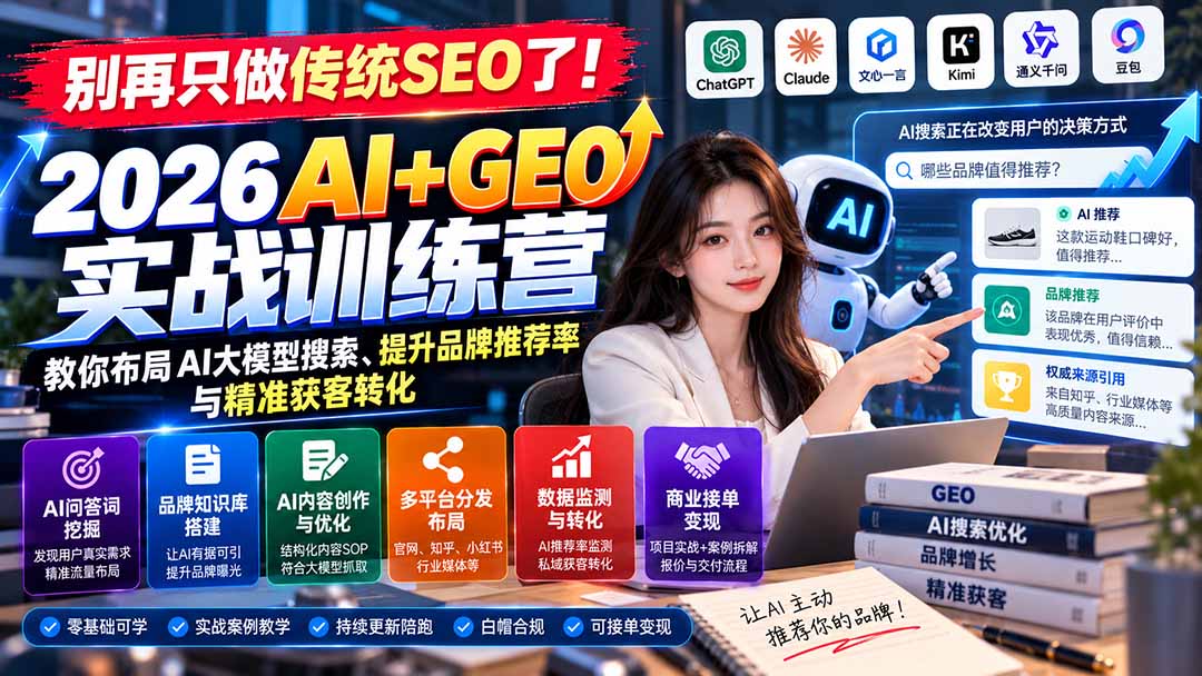 (21191期)别再只做传统SEO了!《2026AI+GEO实战训练营》教你布局AI大模型搜索、提升品牌推荐率与精准获客转化 (21191期)别再只做传统SEO了!《2026AI+GEO实战训练营》教你布局AI大模型搜索、提升品牌推荐率与精准获客转化
