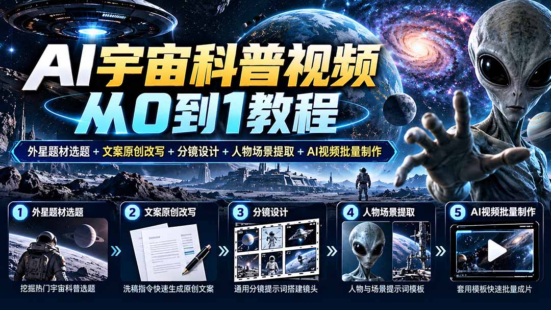 (20774期)AI宇宙科普视频从0到1教程|外星题材选题+文案原创改写+分镜设计+人物场景提取+AI视频批量制作 (20774期)AI宇宙科普视频从0到1教程|外星题材选题+文案原创改写+分镜设计+人物场景提取+AI视频批量制作