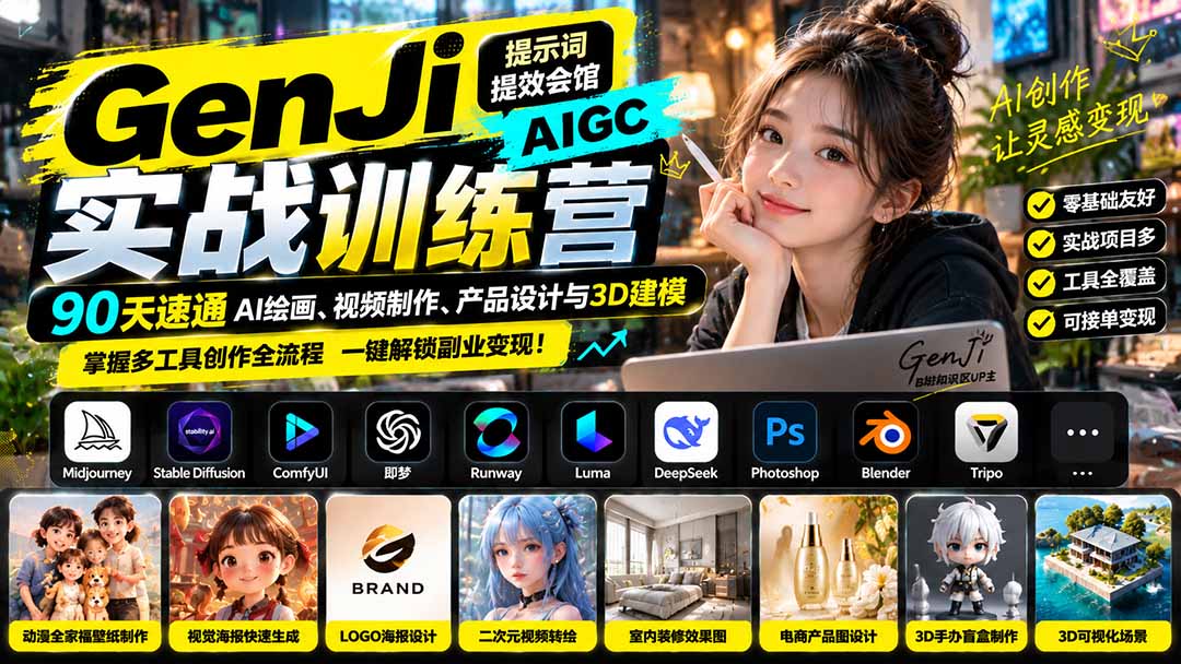 (21192期)GenJi AIGC实战训练营:90天速通AI绘画、视频制作、产品设计与3D建模,掌握多工具创作全流程 (21192期)GenJi AIGC实战训练营:90天速通AI绘画、视频制作、产品设计与3D建模,掌握多工具创作全流程