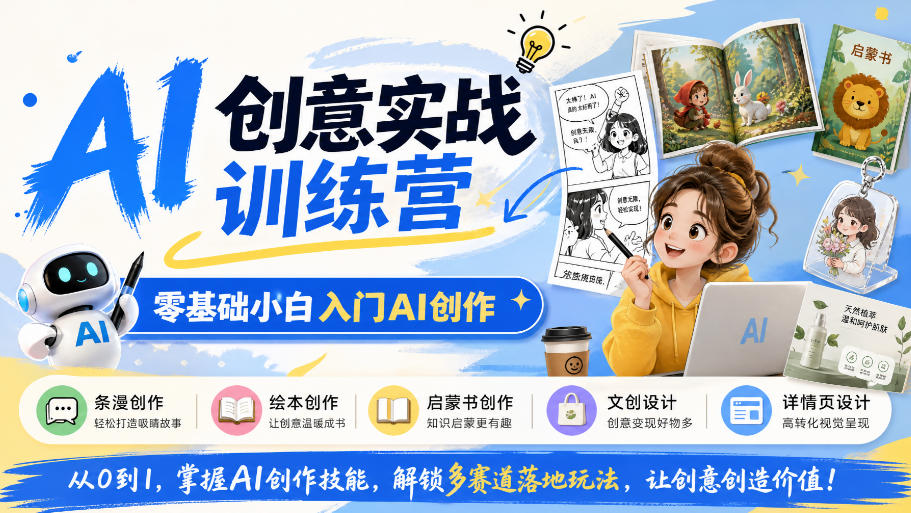 AI创意实战训练营,零基础小白入门AI创作,解锁条漫、绘本、启蒙书、文创、详情页多赛道落地玩法 AI创意实战训练营,零基础小白入门AI创作,解锁条漫、绘本、启蒙书、文创、详情页多赛道落地玩法
