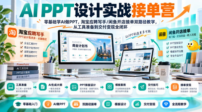 AI PPT设计实战接单营|零基础学AI做PPT,淘宝应聘写手/闲鱼开店接单双路径教学,从工具准备到交付变现全闭环 AI PPT设计实战接单营|零基础学AI做PPT,淘宝应聘写手/闲鱼开店接单双路径教学,从工具准备到交付变现全闭环