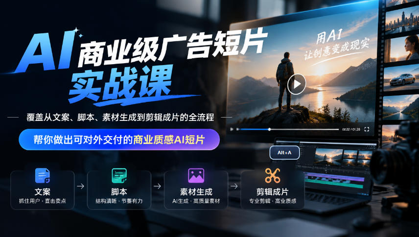 AI商业级广告短片实战课,覆盖从文案、脚本、素材生成到剪辑成片的全流程,帮你做出可对外交付的商业质感AI短片 AI商业级广告短片实战课,覆盖从文案、脚本、素材生成到剪辑成片的全流程,帮你做出可对外交付的商业质感AI短片
