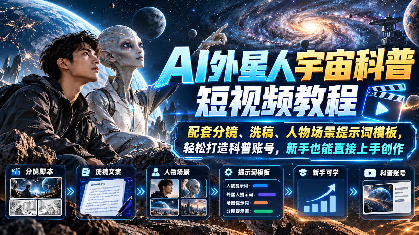 AI外星人宇宙科普短视频教程,配套分镜、洗稿、人物场景提示词模板,轻松打造科普账号,新手也能直接上手创作 AI外星人宇宙科普短视频教程,配套分镜、洗稿、人物场景提示词模板,轻松打造科普账号,新手也能直接上手创作