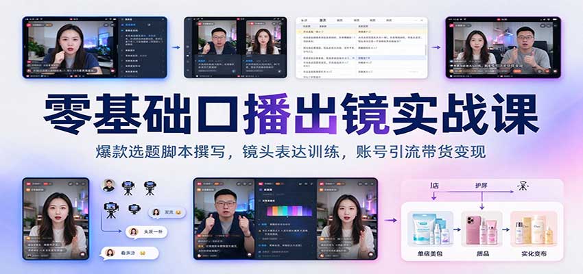 零基础口播出镜实战课：爆款选题脚本撰写，镜头表达训练，账号引流带货变现