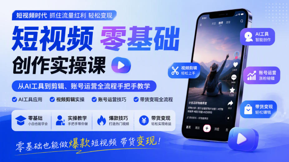 短视频零基础创作实操课，从AI工具到剪辑、账号运营全流程手把手教学，零基础也能做爆款短视频带货变现