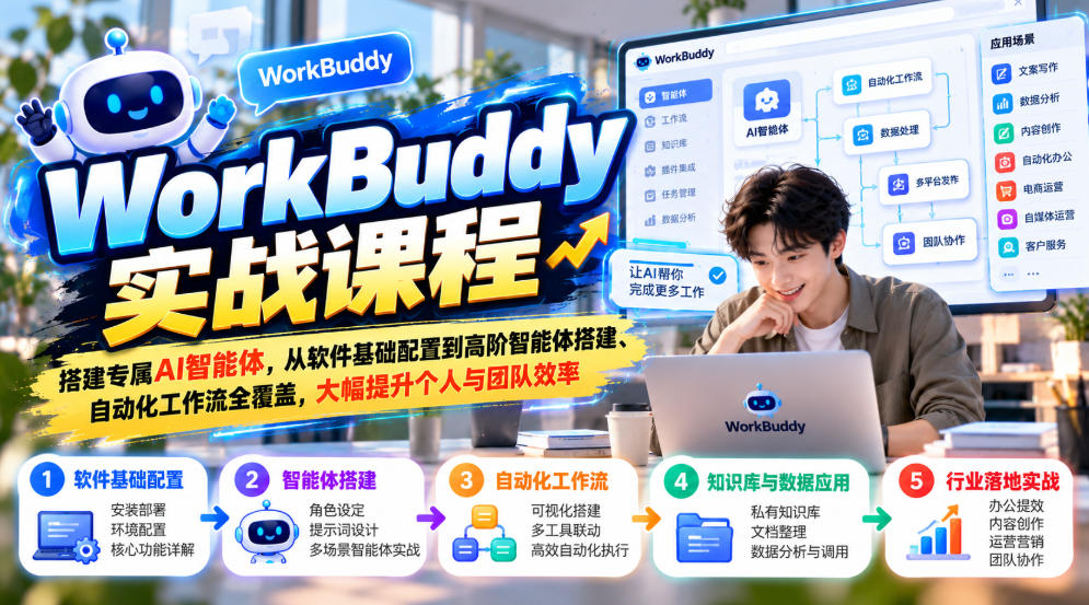 WorkBuddy实战课程,搭建专属AI智能体,从软件基础配置到高阶智能体搭建、自动化工作流全覆盖,大幅提升个人与团队效率 WorkBuddy实战课程,搭建专属AI智能体,从软件基础配置到高阶智能体搭建、自动化工作流全覆盖,大幅提升个人与团队效率