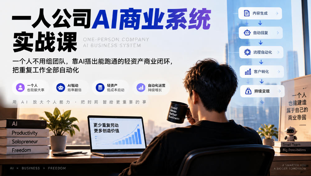 一人公司AI商业系统实战课,一个人不用组团队,靠AI搭出能跑通的轻资产商业闭环,把重复工作全部自动化 一人公司AI商业系统实战课,一个人不用组团队,靠AI搭出能跑通的轻资产商业闭环,把重复工作全部自动化
