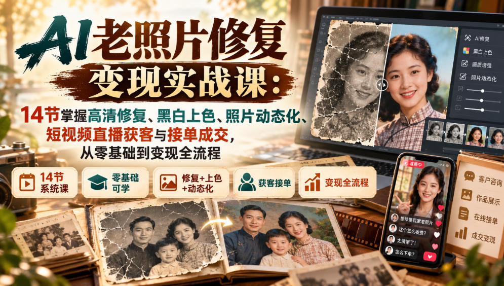 AI老照片修复变现实战课：14节掌握高清修复、黑白上色、照片动态化、短视频直播获客与接单成交，从零基础到变现全流程