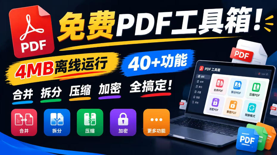 免费PDF工具箱!4MB离线运行,40+功能,合并拆分压缩加密全搞定! 免费PDF工具箱!4MB离线运行,40+功能,合并拆分压缩加密全搞定!