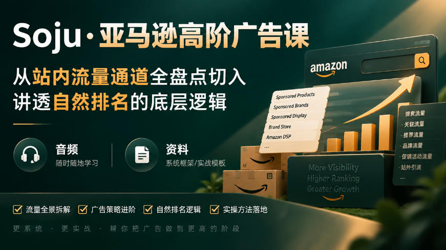 亚马逊高阶广告课，从站内流量通道全盘点切入，讲透自然排名的底层逻辑（直播+音频+资料）