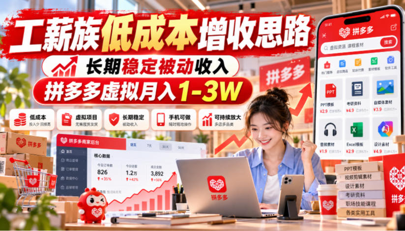 工薪族低成本增收思路,长期稳定被动收入,拼多多虚拟月入1-3W 工薪族低成本增收思路,长期稳定被动收入,拼多多虚拟月入1-3W