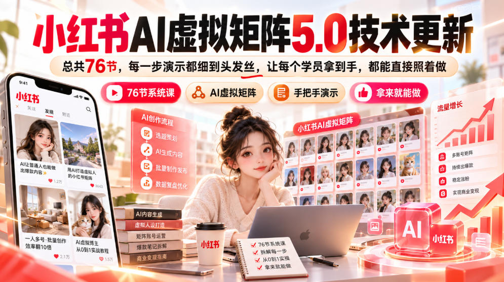 小红书AI虚拟矩阵5.0技术更新,总共76节,每一步演示都细到头发丝,让每个学员拿到手,都能直接照着做 小红书AI虚拟矩阵5.0技术更新,总共76节,每一步演示都细到头发丝,让每个学员拿到手,都能直接照着做