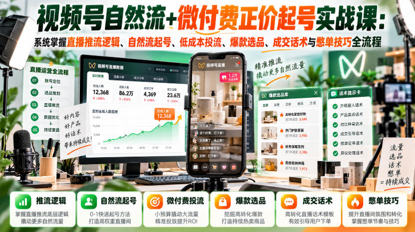 视频号自然流+微付费正价起号实战课:系统掌握直播推流逻辑、自然流起号、低成本投流、爆款选品、成交话术与憋单技巧全流程 视频号自然流+微付费正价起号实战课:系统掌握直播推流逻辑、自然流起号、低成本投流、爆款选品、成交话术与憋单技巧全流程