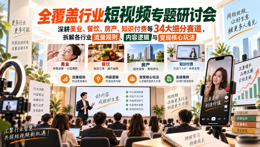 短视频专题研讨会,深耕美业、餐饮、房产、知识付费等34大细分赛道,拆解各行业流量规则、内容逻辑与变现核心玩法(更新1011) 短视频专题研讨会,深耕美业、餐饮、房产、知识付费等34大细分赛道,拆解各行业流量规则、内容逻辑与变现核心玩法(更新1011)