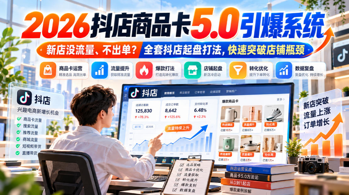 2026抖店商品卡5.0引爆系统，新店没流量、不出单？全套抖店起盘打法，快速突破店铺瓶颈