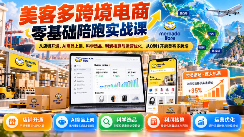 美客多跨境电商零基础陪跑实战课:从店铺开通、AI商品上架、科学选品、利润核算与运营优化,从0到1开启美客多跨境 美客多跨境电商零基础陪跑实战课:从店铺开通、AI商品上架、科学选品、利润核算与运营优化,从0到1开启美客多跨境