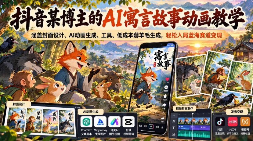 抖音某博主的AI寓言故事动画教学,涵盖封面设计、AI动画生成、工具、低成本薅羊毛生成,轻松入局蓝海赛道变现 抖音某博主的AI寓言故事动画教学,涵盖封面设计、AI动画生成、工具、低成本薅羊毛生成,轻松入局蓝海赛道变现