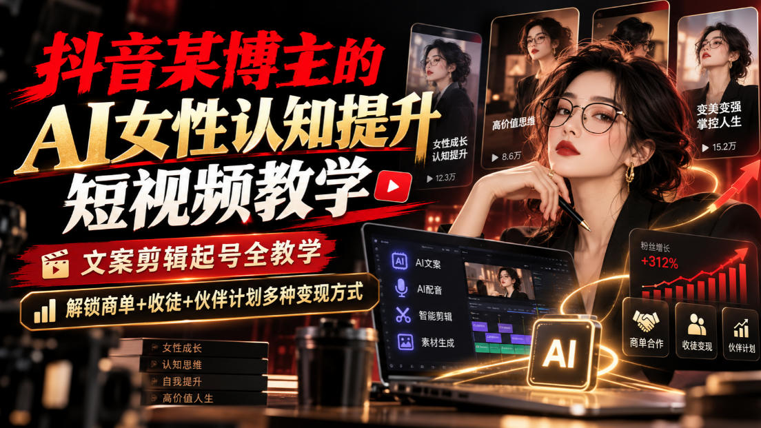 抖音某博主的Ai女性认知提升短视频教学,文案剪辑起号全教学,解锁商单+收徒+伙伴计划多种变现方式 抖音某博主的Ai女性认知提升短视频教学,文案剪辑起号全教学,解锁商单+收徒+伙伴计划多种变现方式