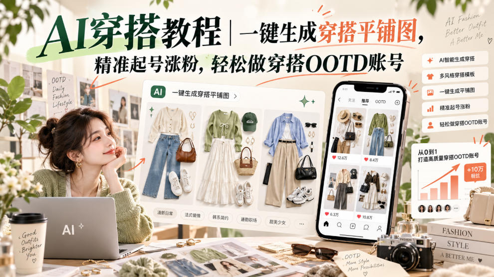 AI穿搭教程|一键生成穿搭平铺图,精准起号涨粉,轻松做穿搭OOTD账号 AI穿搭教程|一键生成穿搭平铺图,精准起号涨粉,轻松做穿搭OOTD账号