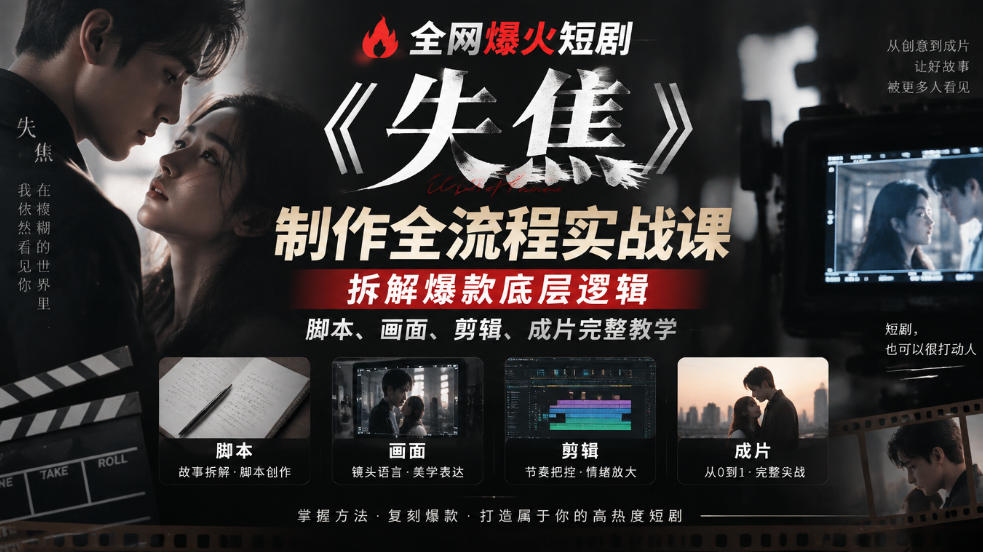 全网爆火短剧《失焦》制作全流程实战课｜拆解爆款底层逻辑，脚本、画面、剪辑、成片完整教学
