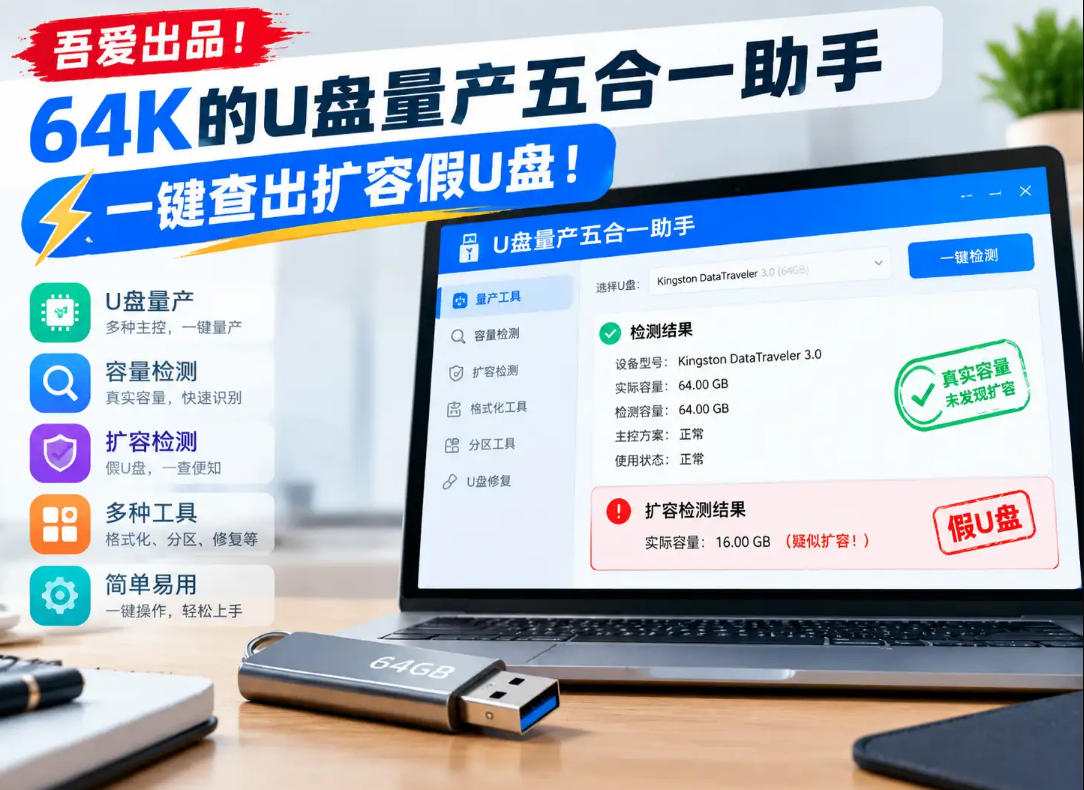 吾爱出品！64K的U盘量产五合一助手，一键查出扩容假U盘！