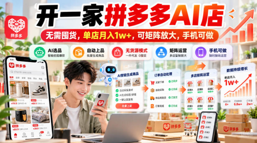 开一家拼多多AI店，无需囤货，单店月入1w+，可矩阵放大，手机可做【揭秘】