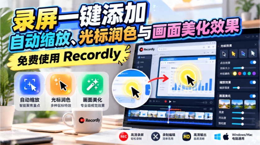 录屏一键添加自动缩放、光标润色与画面美化效果,免费使用Recordly 录屏一键添加自动缩放、光标润色与画面美化效果,免费使用Recordly