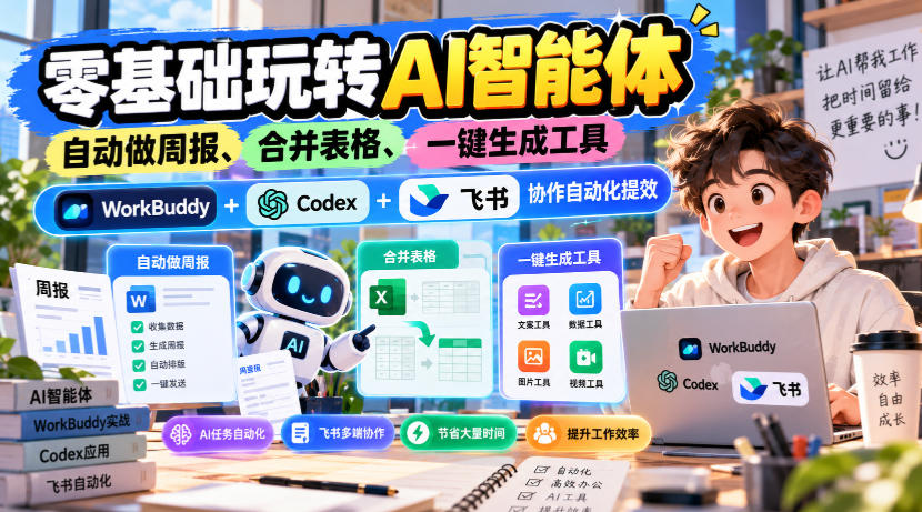 【无水印】零基础玩转AI智能体,自动做周报、合并表格、一键生成工具,WorkBuddy+Codex + 飞书协作自动化提效 【无水印】零基础玩转AI智能体,自动做周报、合并表格、一键生成工具,WorkBuddy+Codex + 飞书协作自动化提效