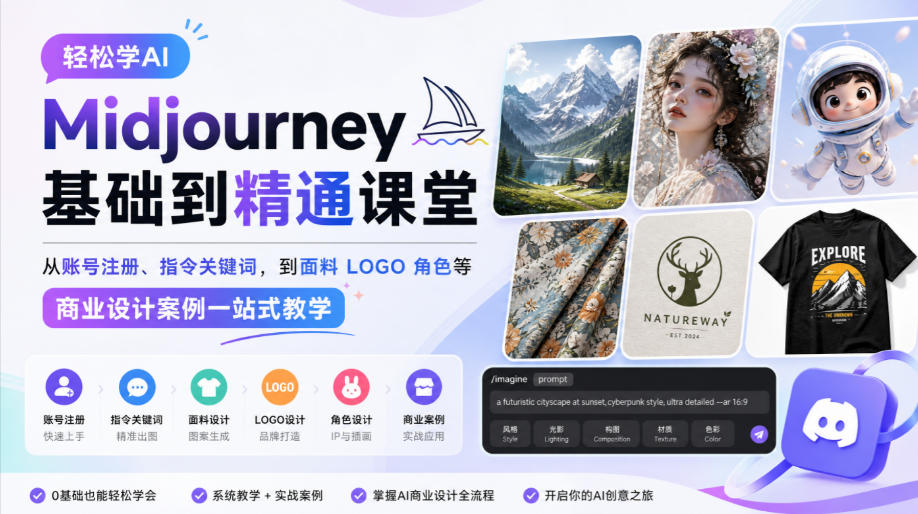 轻松学AI Midjourney基础到精通课堂,从账号注册、指令关键词,到面料LOGO角色等商业设计案例一站式教学 轻松学AI Midjourney基础到精通课堂,从账号注册、指令关键词,到面料LOGO角色等商业设计案例一站式教学