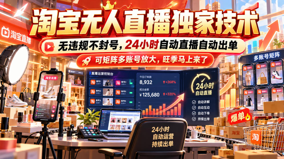 淘宝无人直播独家技术，无违规不封号，24小时自动直播自动出单，可矩阵多账号放大，旺季马上来了【揭秘】