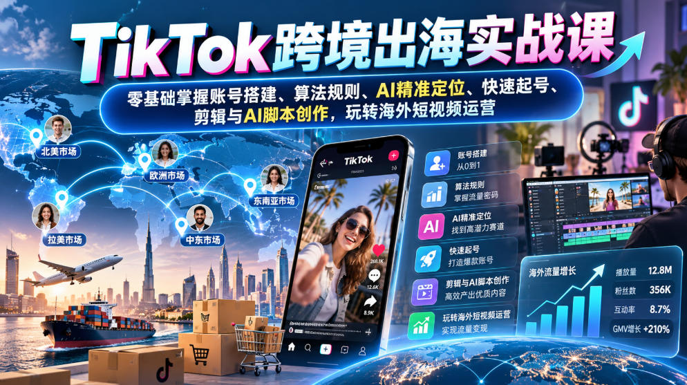 TikTok跨境出海实战课:零基础掌握账号搭建、算法规则、AI精准定位、快速起号、剪辑与AI脚本创作,玩转海外短视频运营 TikTok跨境出海实战课:零基础掌握账号搭建、算法规则、AI精准定位、快速起号、剪辑与AI脚本创作,玩转海外短视频运营